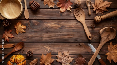 Empty wooden table with kitchen utensils and autumn leaves, perfect for fall-themed culinary designs, AI Generative. photo