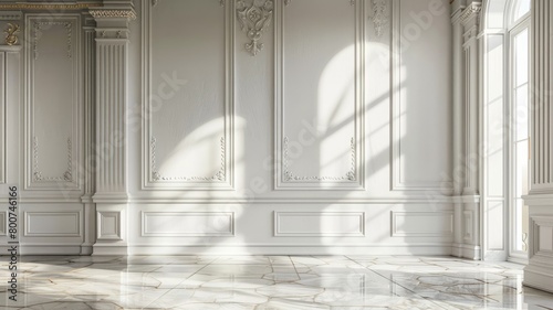 Elegant white interior with classical design, sunlight casting soft shadows photo