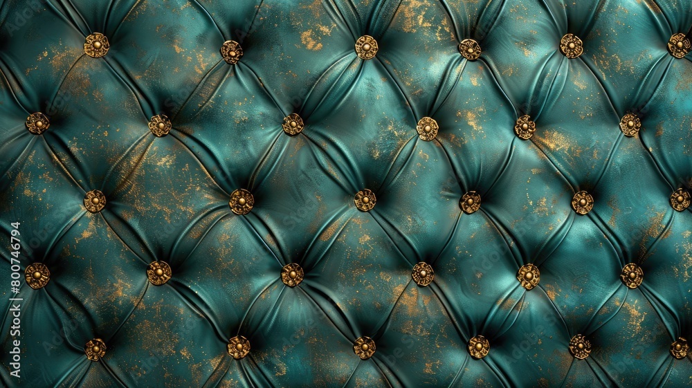 Obraz premium Luxurious teal tufted fabric pattern with golden accents
