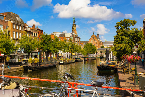 Scenic view of canals,boats and ancient buildings of Dutch city of Leiden, province of South Holland