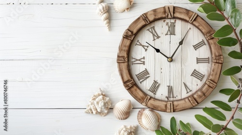 Blank mockup of a coastal themed wall clock with a weathered driftwood frame and seashell accents. .