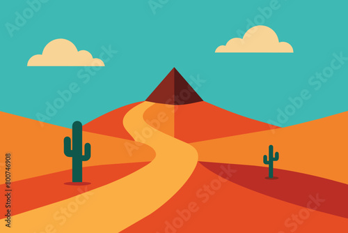 Illustration of a view of desert mountains sky and Cactus On both sides of a small road vector