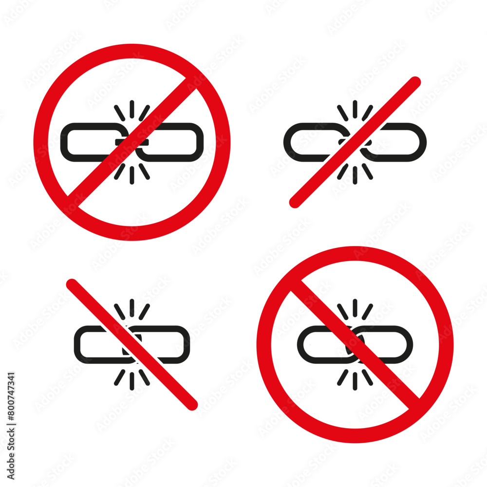 No connection signs. Vector prohibited symbols. Link disconnection icons. No connection signs. Vector prohibited symbols. Link disconnection icons.