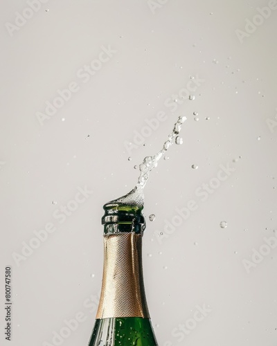 Champagne bottle with fizzy drink splashing out. photo