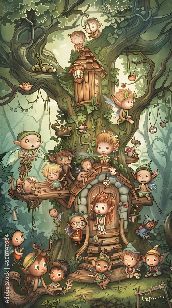 Fototapeta premium Whimsical Woodland Scene with Mischievous Fantasy Sprites and Creatures