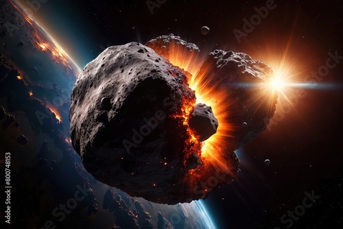 Impact of asteroid meteor comet collision explosion over planet Earth