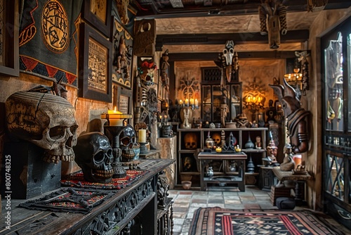 Interior of Voodoo shop, African religion, art, artifacts, candles, skulls, magic, gris-gris photo