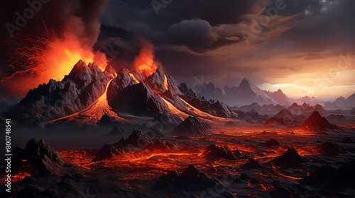 Dramatic 3D volcanic landscape with flowing lava and ash clouds designed for disaster simulations educational content or thrilling video game environments photo