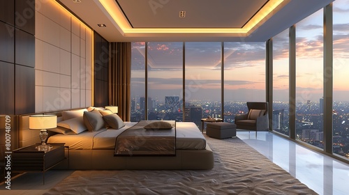 interior of a luxury hotel room with a panoramic view of a bustling city, symbolizing business travel accommodation