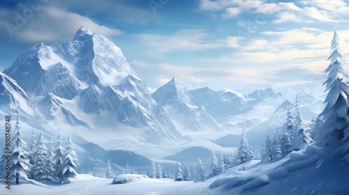 Majestic 3D rendering of a mountain landscape during winter with snowcovered peaks and frosty trees perfect for ski resort advertisements or environmental studies © Jenjira