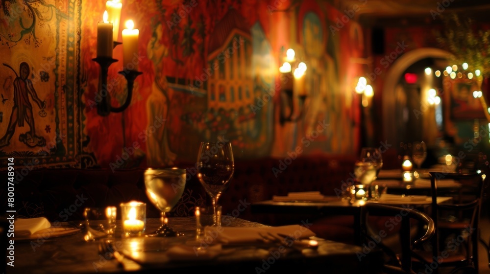 The flickering candlelight illuminates the handpainted murals on the walls adding a touch of whimsy to the moody atmosphere. 2d flat cartoon.