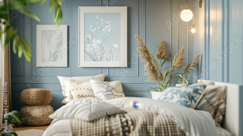 A bedroom with a blue wall and a white bed with pillows and a blanket. There are two pictures on the wall, one of which is a flowery print. A potted plant is on the bedside table