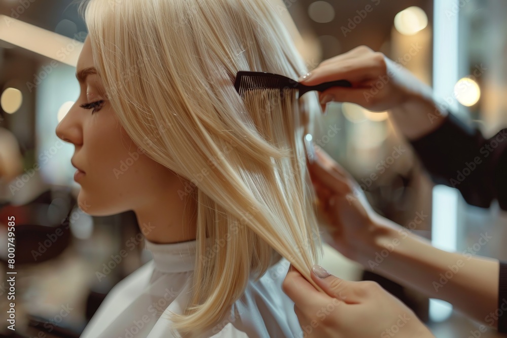 Fototapeta premium Hairstylist trimming hair of the customer in a beauty salon