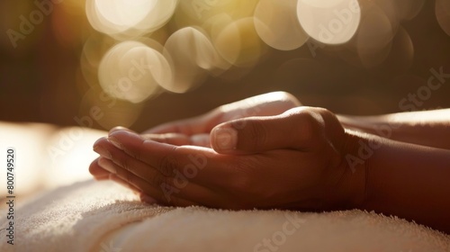A shot of a persons hand being gently massaged and stretched promoting deep relaxation and release of tension.. photo