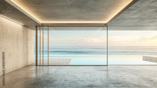 A large open room with a large window overlooking the ocean. The room is empty and the window is wide open, letting in a lot of light. Scene is calm and serene, as the ocean © Bouchra