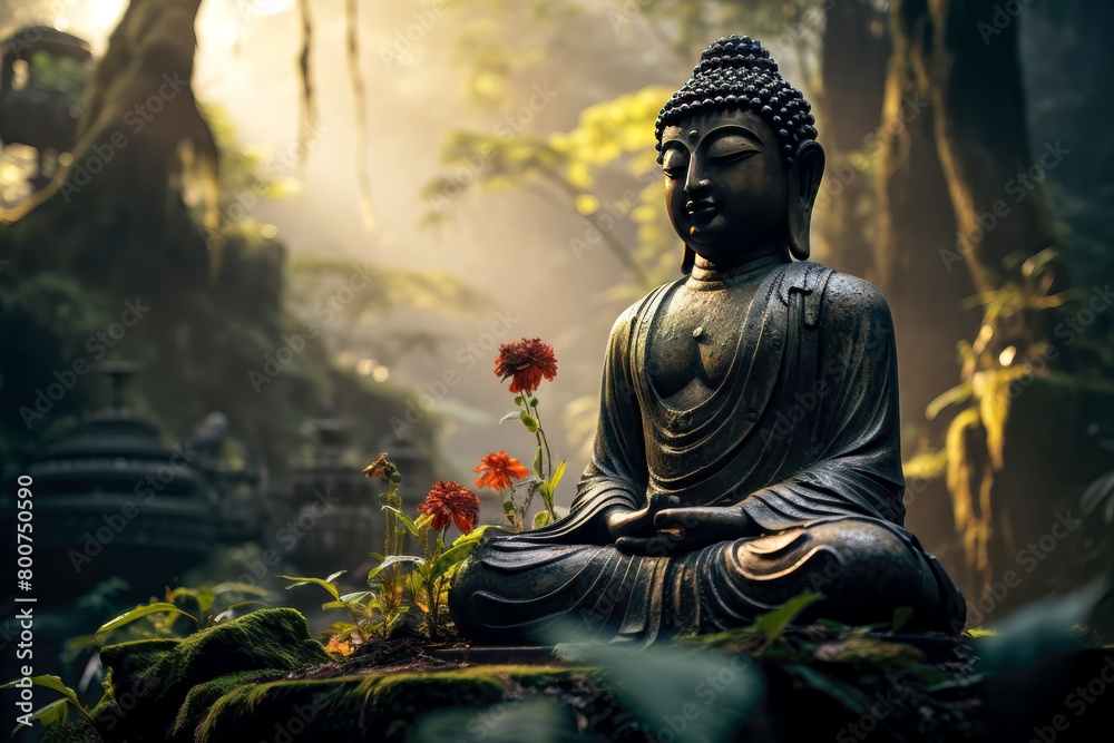 Buddha meditating statue in the peace of the forest, calm zen spirituality, light filtering through the canopy of the jungle