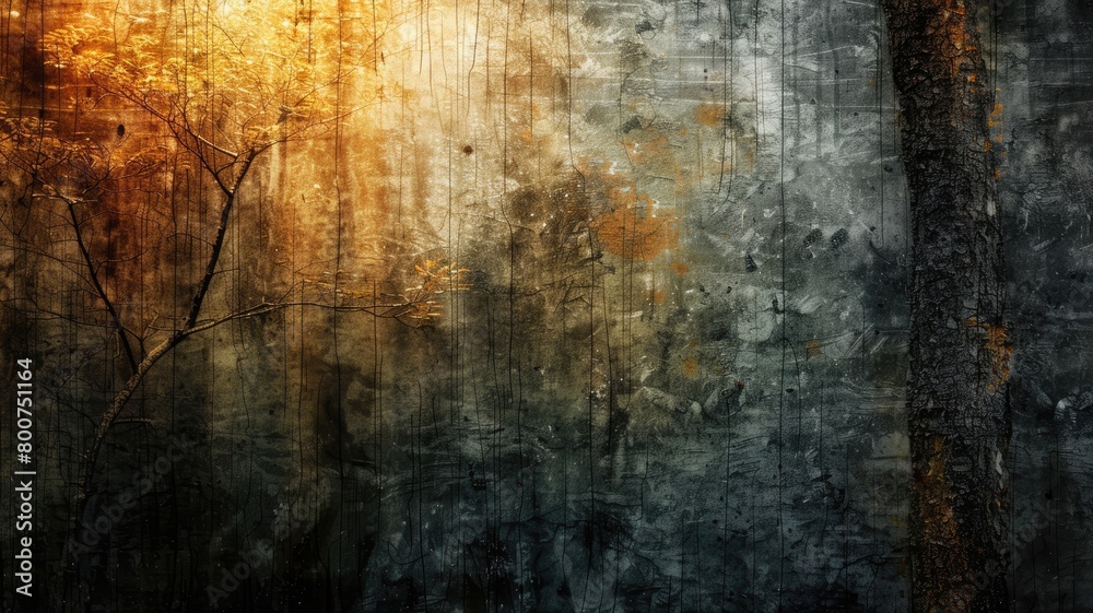 Abstract forest scene with contrasting warm and cool hues, texture overlays