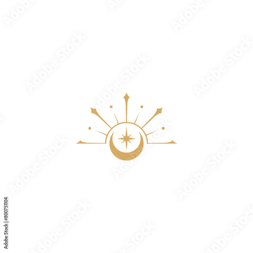 Sun, moon and stars logo with shining rays in luxury flat design style