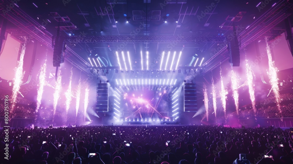Blank mockup of a stadiumstyle stage with towering screens and pyrotechnics transforming any concert into a highenergy spectacle. .