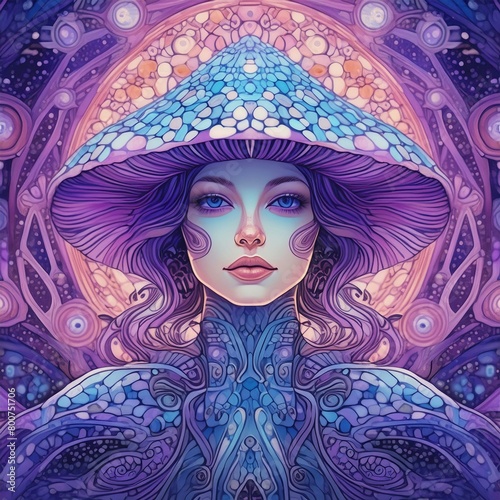 Portrait of Psychedelic Mushroom Fairy in Kaleidoscope of Violet Shades and Tones. Surreal Young Beauty. Mystical Fairy Tale Illustration. 