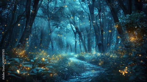 Beautiful fantasy forest with glowing fireflies night. Generate AI image