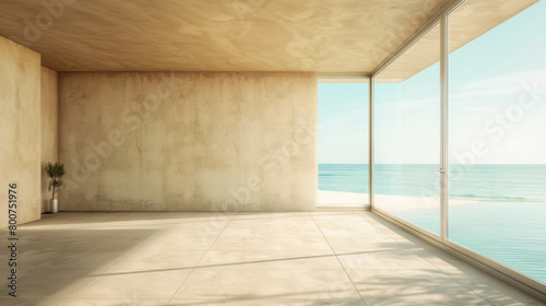 A large empty room with a window overlooking the ocean. The room is bare and empty  with no furniture or decorations. The window provides a view of the water  which creates a sense of calm