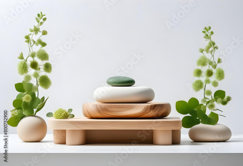 A wooden podium with a vase of flowers and stone arrangements on a white background