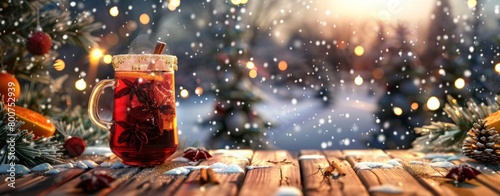 Christmas background with mulled wine on a wooden table. Generate AI image