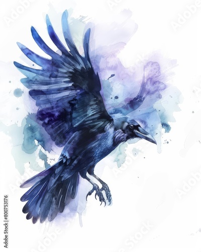 Watercolor illustration of a crow, deep, vibrant, enigmatic, realistic, powerful, flying silently in the avian concept, High resolution. photo