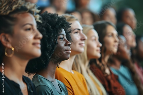 A group of individuals from diverse ethnic backgrounds in a crowd, with a shallow depth of field focusing on their profiles as they look in the same direction, symbolizing unity and shared focus