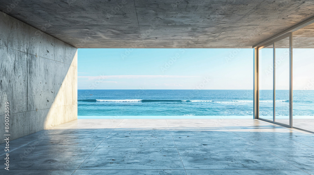 A large open space with a view of the ocean. The room is empty and the only thing visible is the ocean