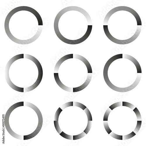 Progress loading circles set. Vector grayscale buffering indicators. Diverse completion stages representation.
