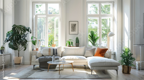 A large white sectional sofa is the centerpiece of a spacious living room. The room is filled with natural light from the large windows, creating a bright and inviting atmosphere