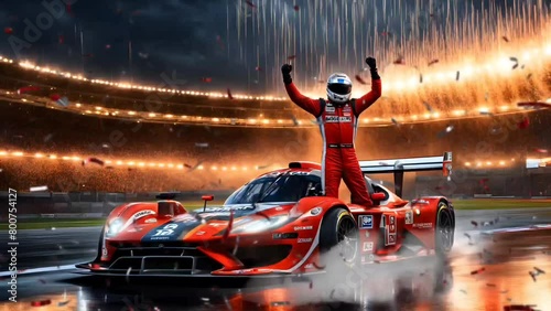 Racer with racing car celebrating victory in the stadium photo