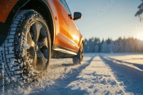 Closeup of car wheels on winter road. Generate AI image