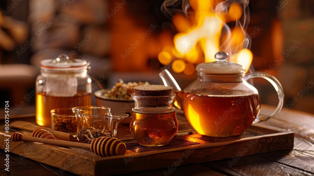 A closeup of a wooden tray filled with different types of teas a jar of honey and a small teapot all in front of a background of flickering flame from a small decorative fireplace.