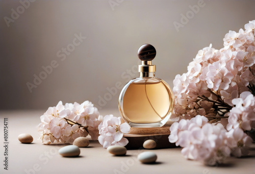 'background Round mockup flowers beige podium copy Pebble dry earthy hydrangea space colors bottle Natural Perfume poduim flower beauty product fragrance aroma flacon spa scent'