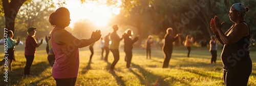 A Diverse Group of Individuals of All Ages and Body Types Gather in the Serene Park at Dawn to Practice Tai Chi Together, Embracing Body Positivity and Mindfulness