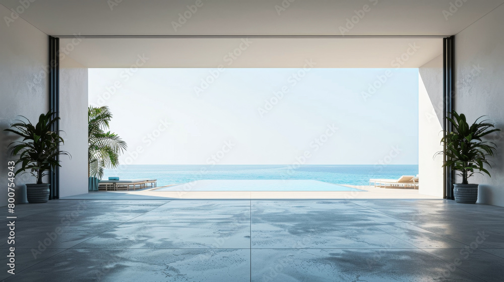 Fototapeta premium A large open space with a pool and a view of the ocean. The pool is surrounded by potted plants and there are several lounge chairs around the pool area. The space is designed to be relaxing