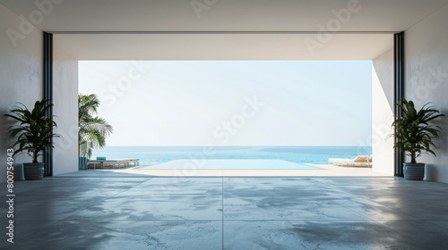 A large open space with a pool and a view of the ocean. The pool is surrounded by potted plants and there are several lounge chairs around the pool area. The space is designed to be relaxing