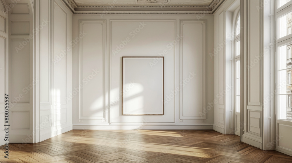 A large empty room with a white wall and a large picture frame. The room is very spacious and has a lot of natural light coming in through the windows A large empty room with a white wall and a large picture frame. The room is very spacious and has a lot of natural light coming in through the windows