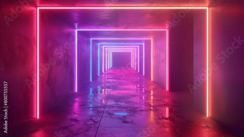 3d render abstract Neon square tunnel 4k