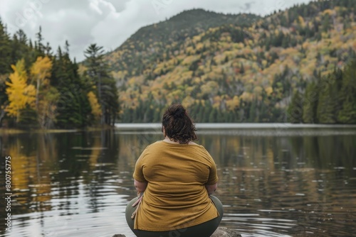 Embracing Serenity: A Plus-Size Woman Finds Peace and Joy in a Quiet Moment by the Tranquil Waters of a Mountain Lake © aicandy