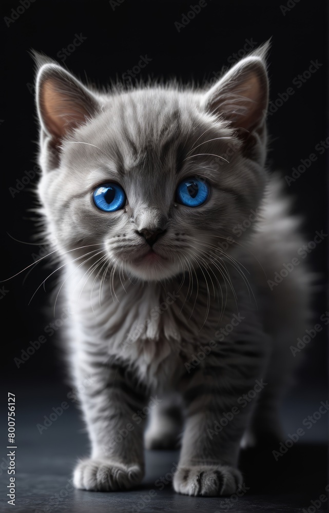 Vertical shot close-up of a grey cat with blue eyes in the dark