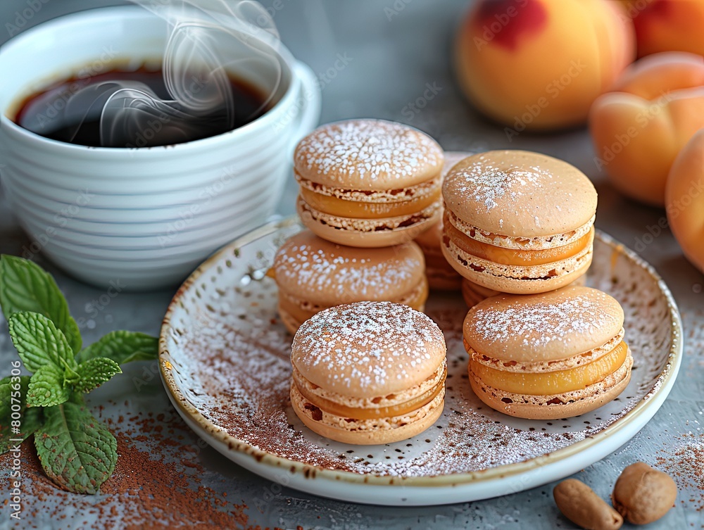 Food photography materials, a beautiful dessert plate with various shapes and sizes of peach macaron cakes placed on it, next to a steaming cup of coffee
Food photography materials, a beautiful dessert plate with various shapes and sizes of peach macaron cakes placed on it, next to a steaming cup of coffee