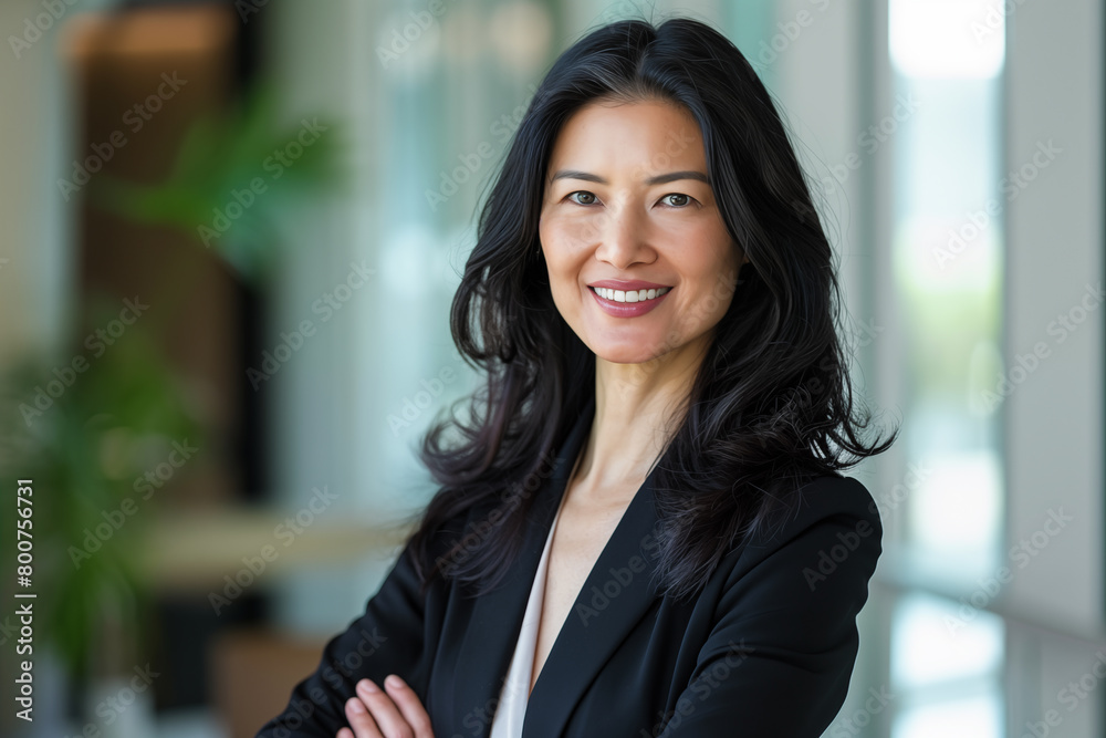 Portrait of dark haired happy smiling Asian businesswoman standing in office. Portrait of dark haired happy smiling Asian businesswoman standing in office.