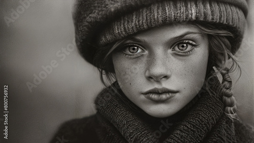 A closeup portrait of a young beautiful female Icelandic child wearing a knitted sweater and stocking cap. In intense wide-eyed expression. Black and white.