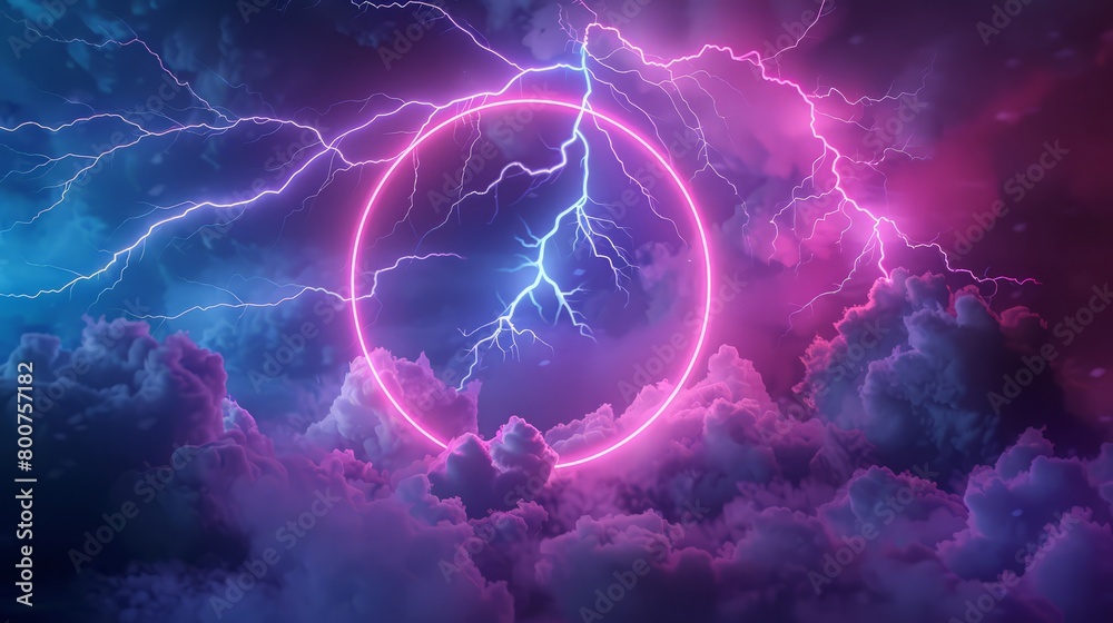 Lightning circle. Synth wave and retro wave, vaporwave futuristic aesthetics. Glowing neon style. Horizontal wallpaper, background. Stylish flyer for ad, offer, bright colors and smoke neoned effect.