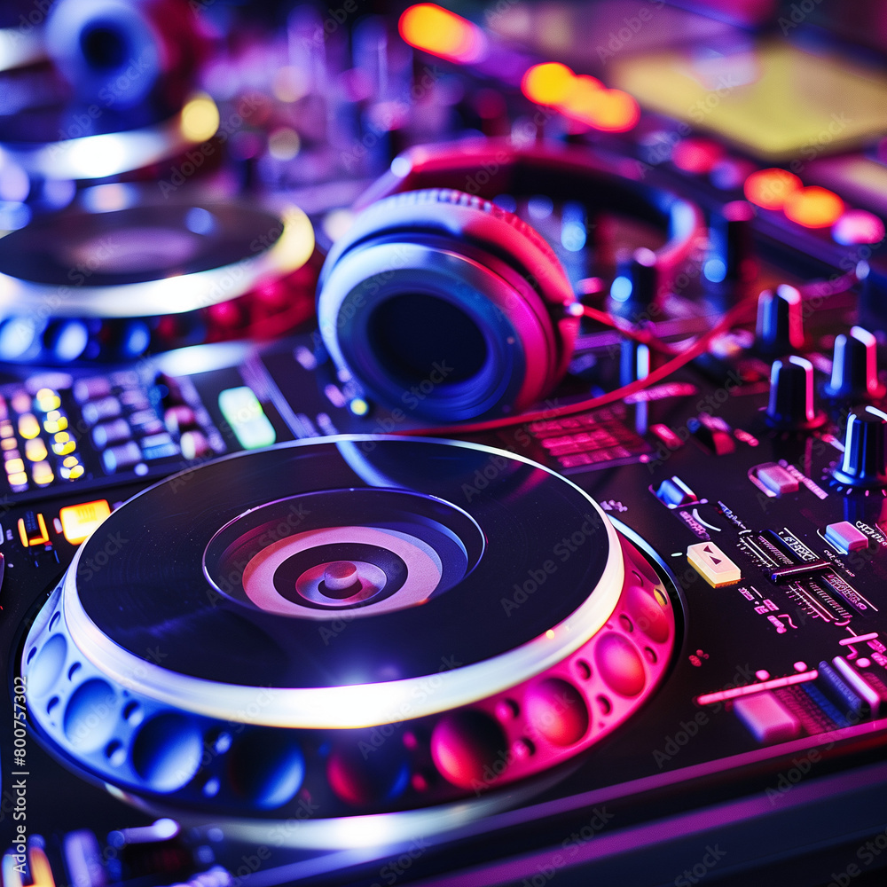 Obraz premium DJ Setup in a Trendy Nightclub for Energetic Mixing and Spinning Sessions