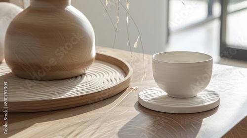 A minimalist and modern set of embossed ceramic coasters adorned with a simple line design.. © Justlight